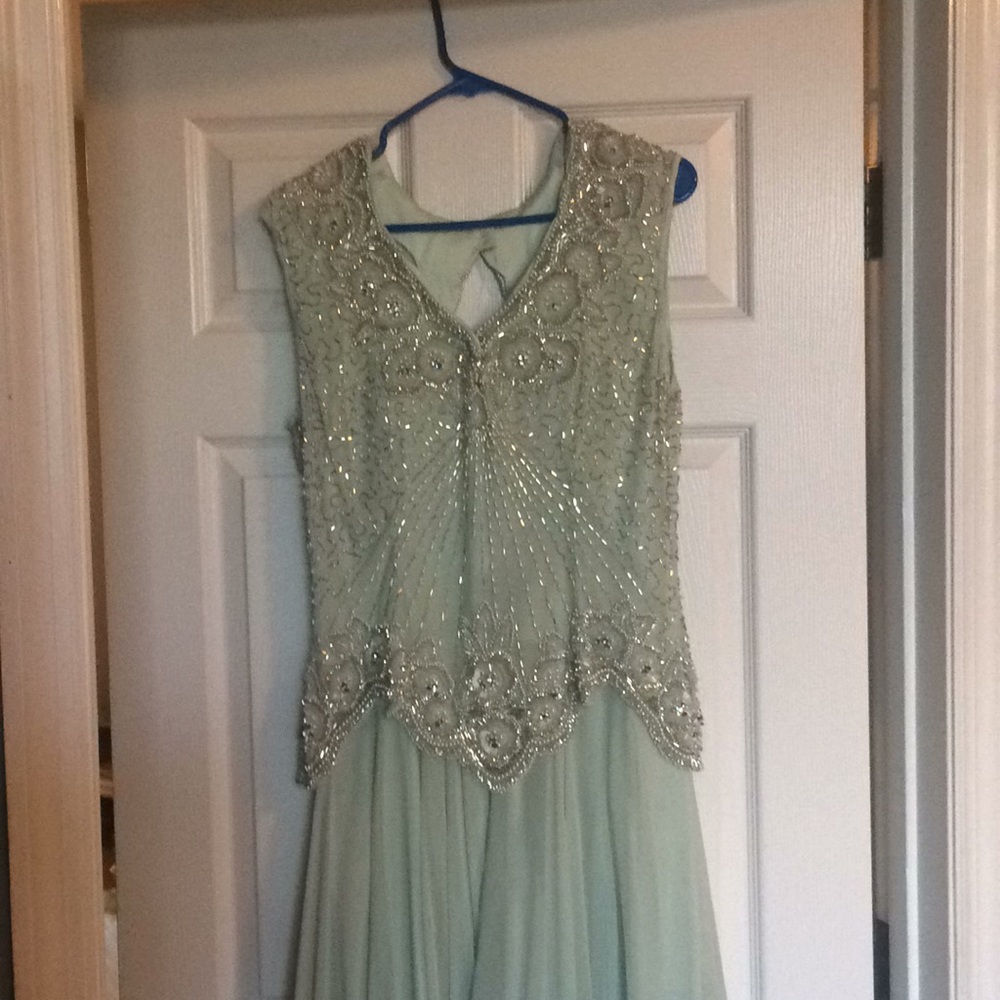 Vintage light blue floor length beaded dress.